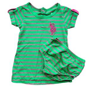 Baby Girl 2 Piece Outfit Green Pink Stripe Dress & Bloomers 12 Months Short Slee